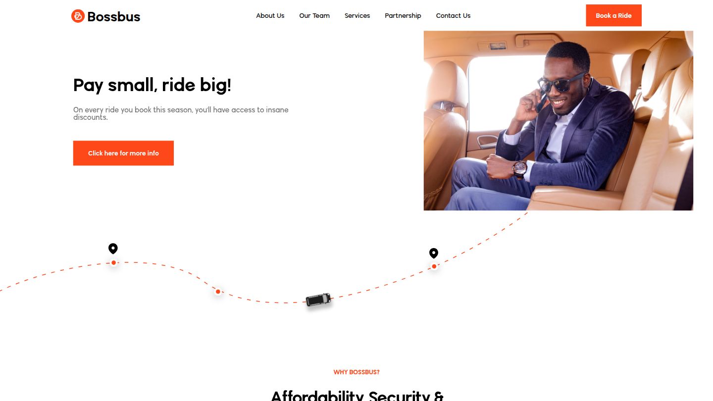 Bossbusworld platform showing the Bossbus Technologies homepage with luxury ride services